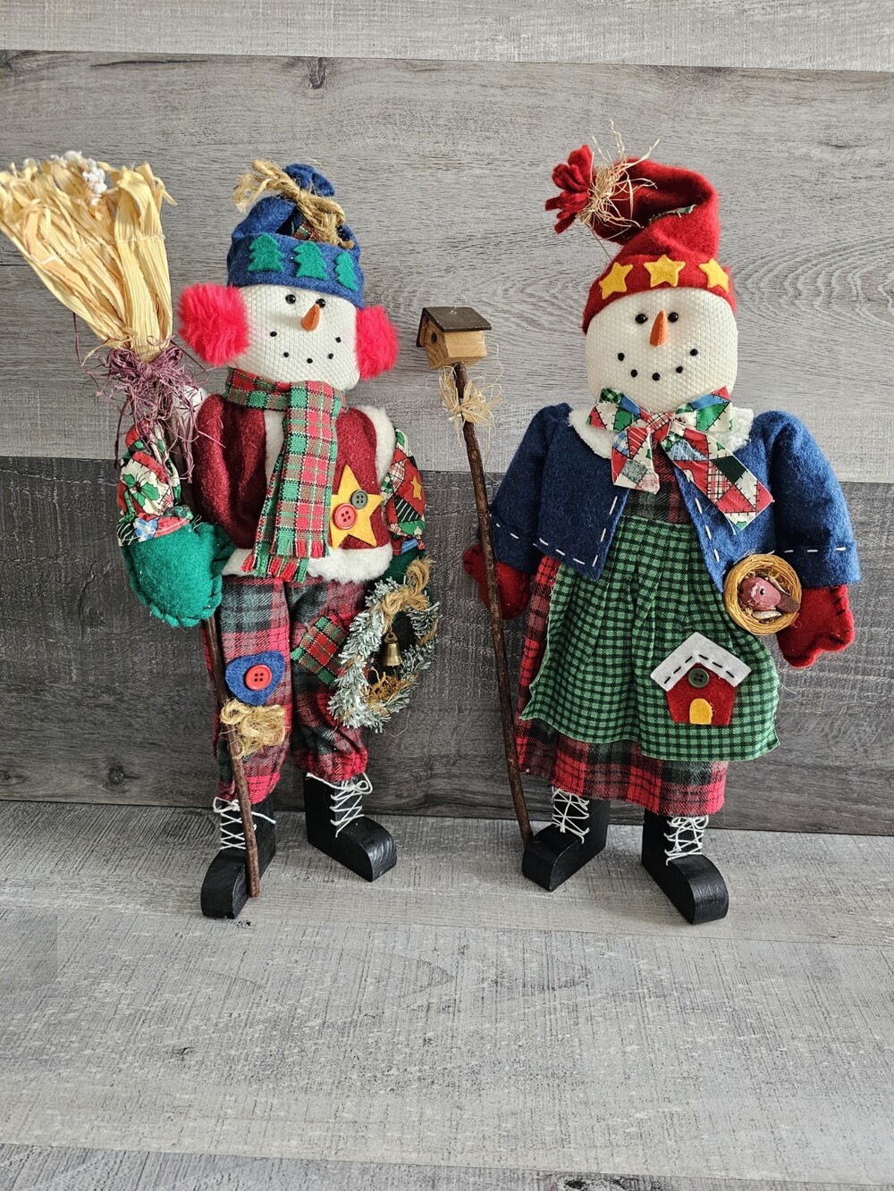 Merry Brite Standing Snowman Pair Couple 16" Folk Art Christmas Winter Decor